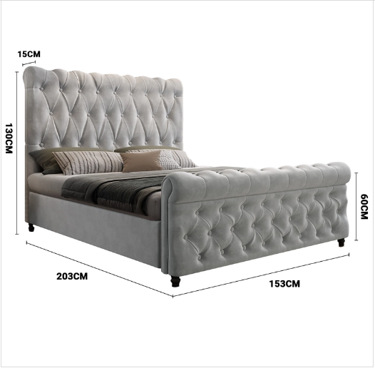 Royal Sleep Alexandra Queen Bed Frame Velvet Solid Wooden Base Platform Grey