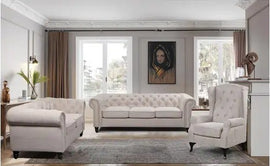3 Seater Sofa Fabric Uplholstered Chesterfield Lounge Couch - Beige