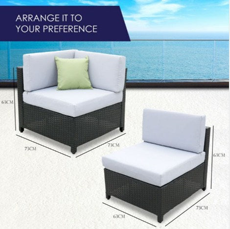 Outdoor 7 Piece Rattan Sofa Set - Black Coating & Grey Seats (7 Boxes)