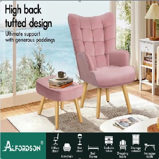 Armchair Lounge Sofa Ottoman Accent Chair Velvet Couch Seat Footstool Pink
