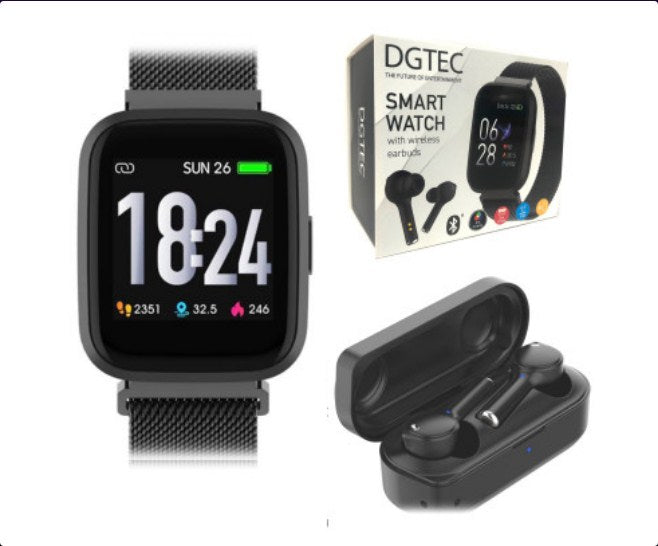 DGTEC 1.4" IPS Smart Fitness Watch with Wireless Earbuds Bundle Black