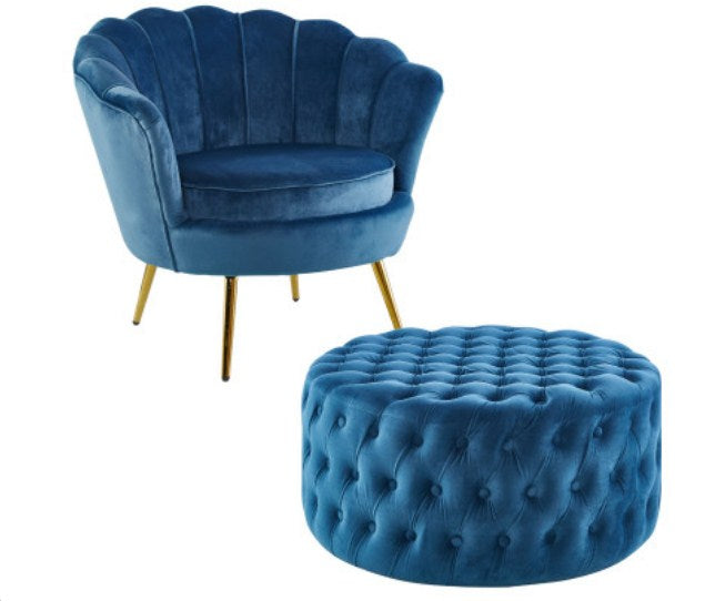 Bloomer Velvet Fabric Accent Sofa Love Chair Round Ottoman Set - Blue