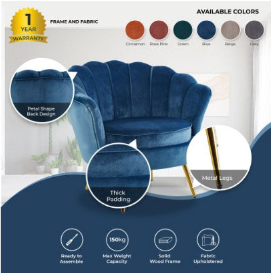 Bloomer Velvet Fabric Accent Sofa Love Chair Round Ottoman Set - Blue